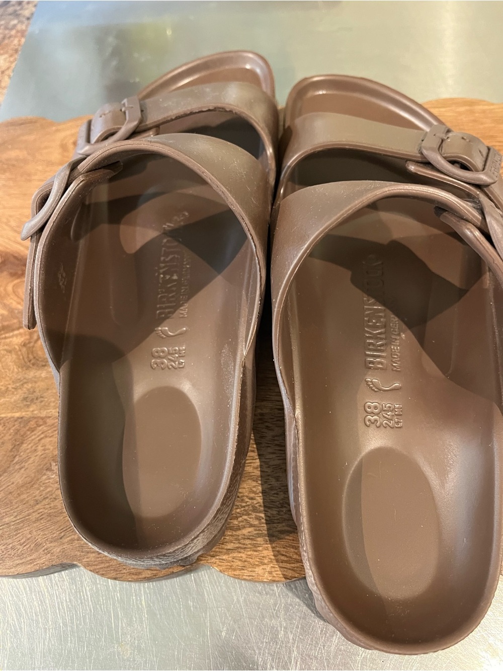 Birkenstock Two-Strap EVA Slide Sandals in Chestnut Brown